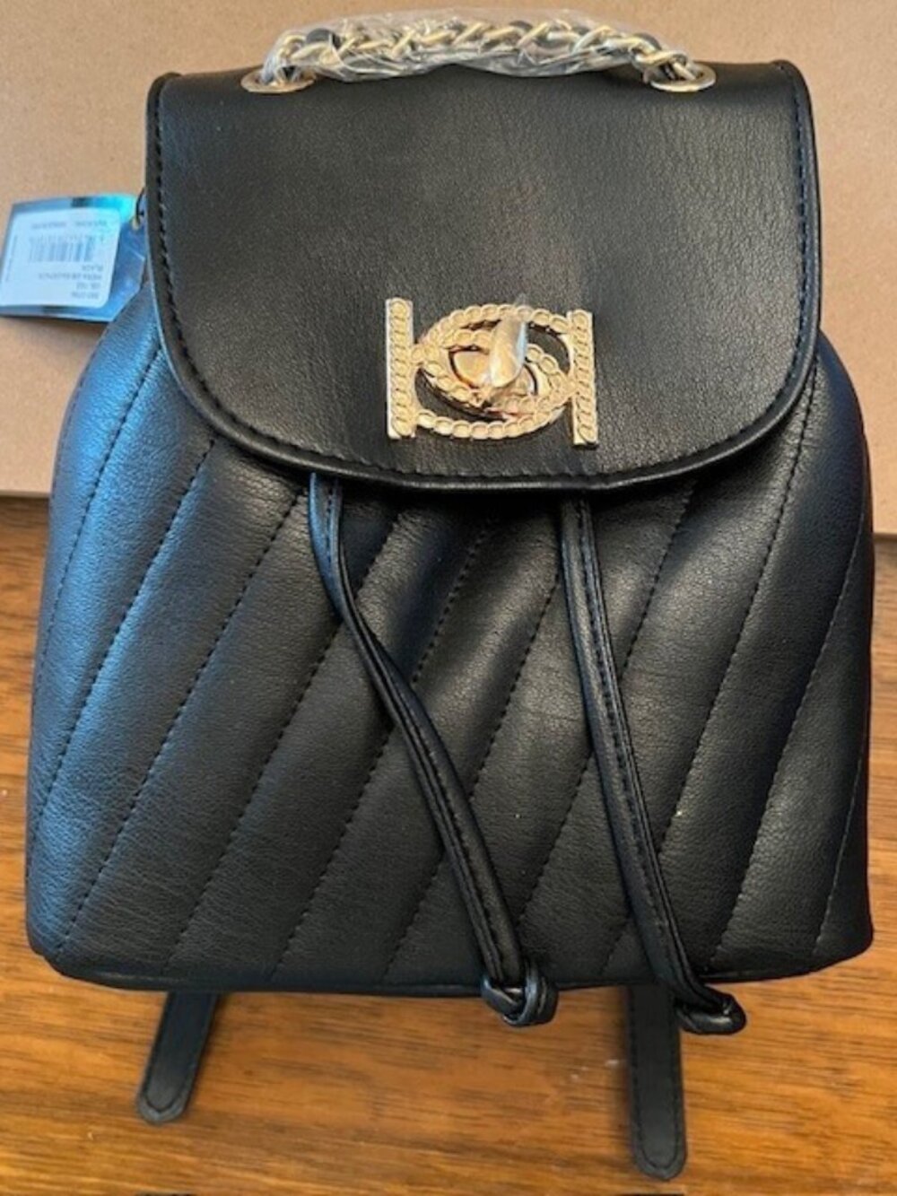 Designer Womens Bebe Hera Small Backpack Purse Black, Gold Logo MSRP $99